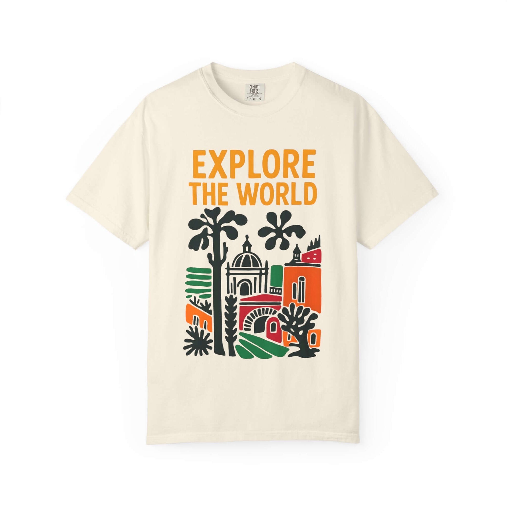 Beige t-shirt with 'Explore The World' text and world landmarks graphic on a white background