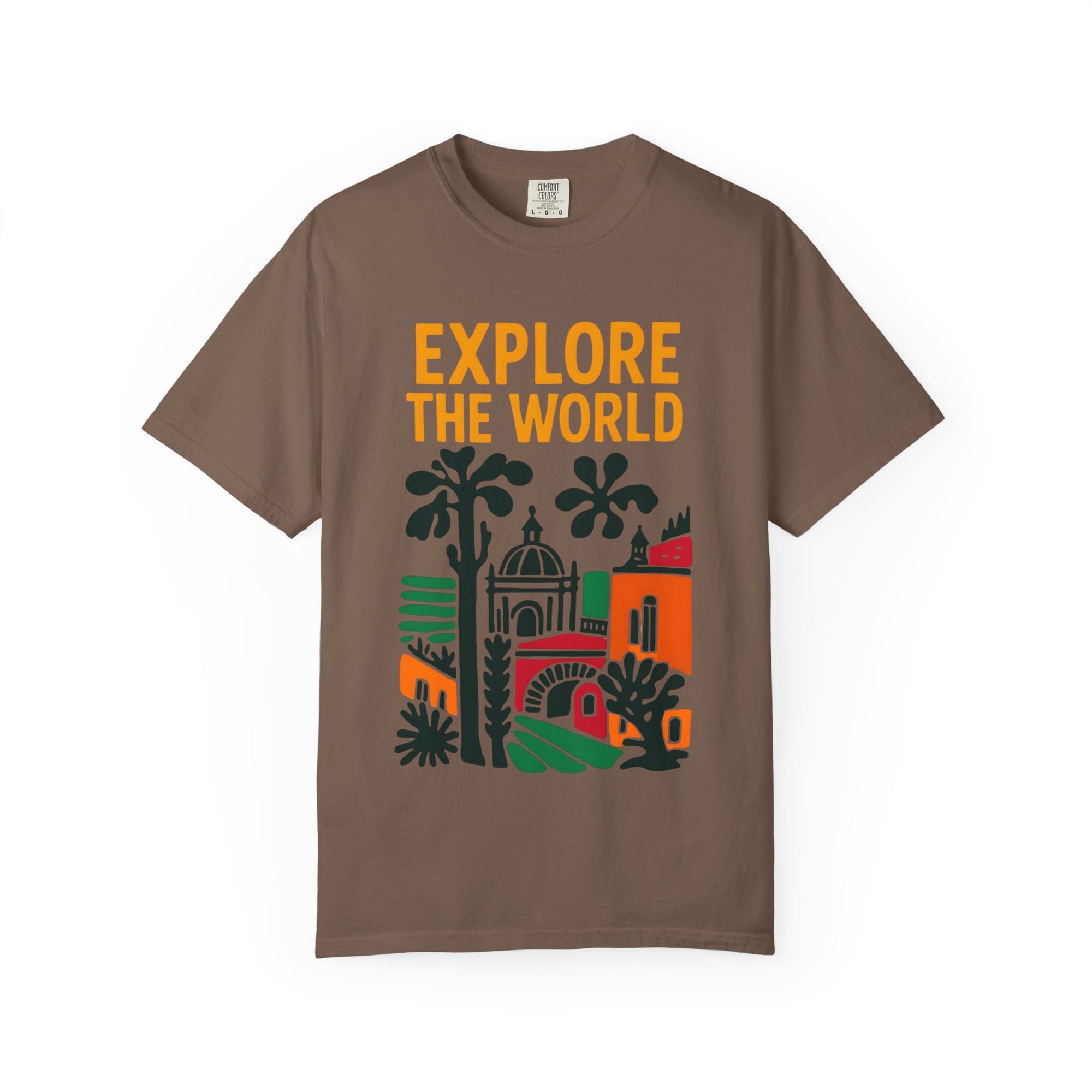 Brown t-shirt with 'Explore The World' text and world landmarks graphic on a white background