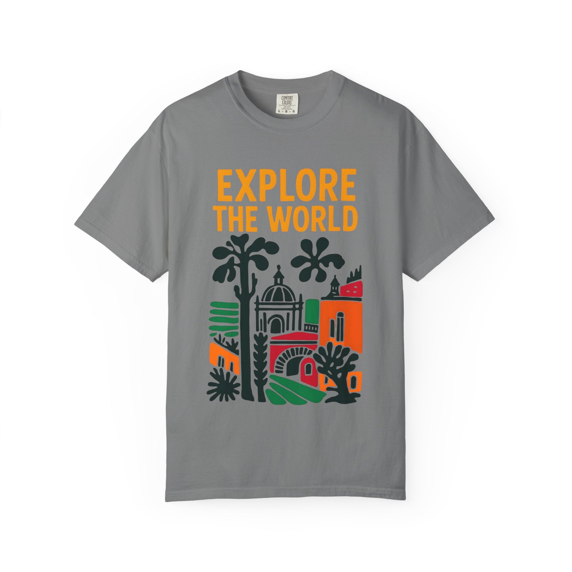 Gray t-shirt with 'Explore The World' text and world landmarks graphic on a white background