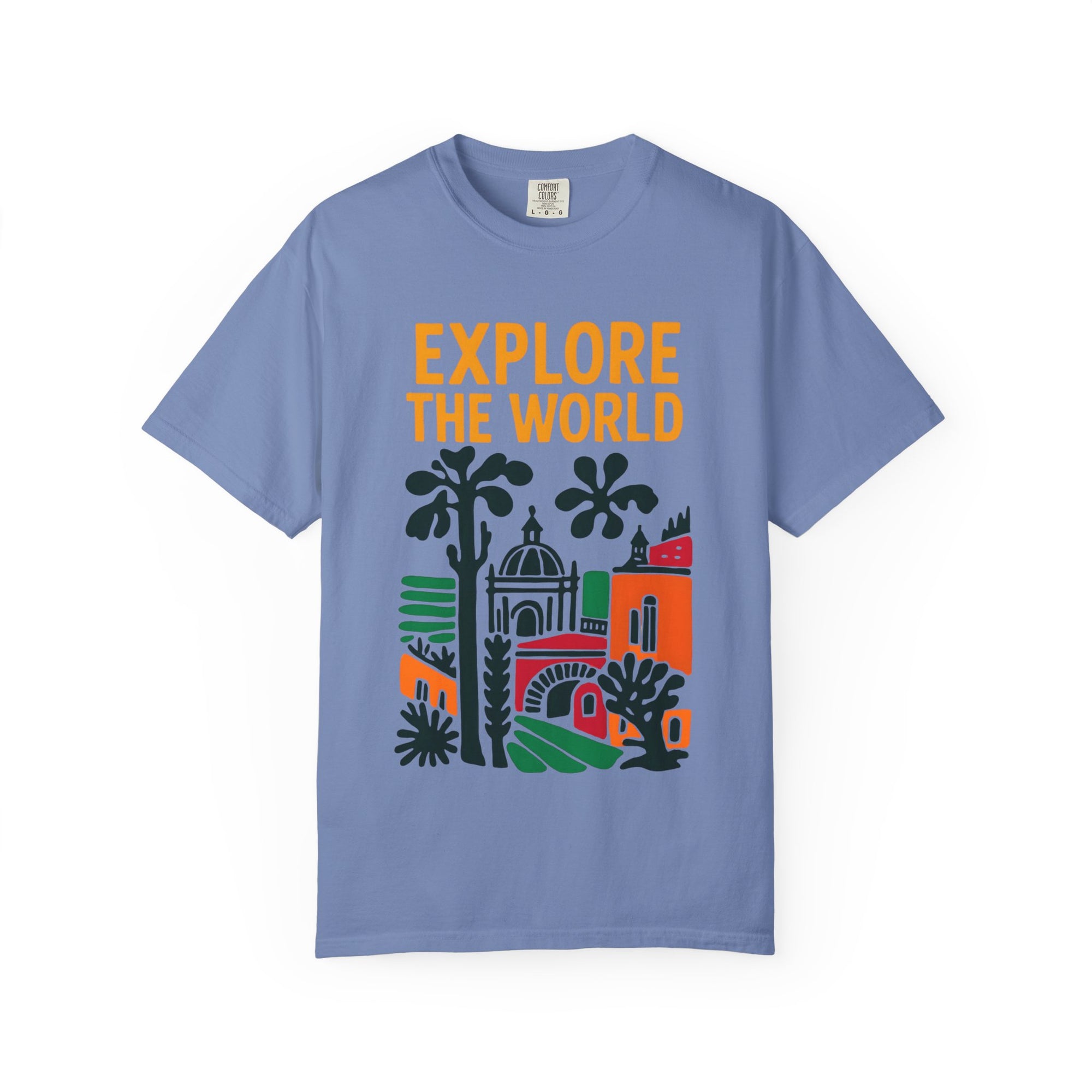 Blue t-shirt with 'Explore The World' text and world landmarks graphic on a white background