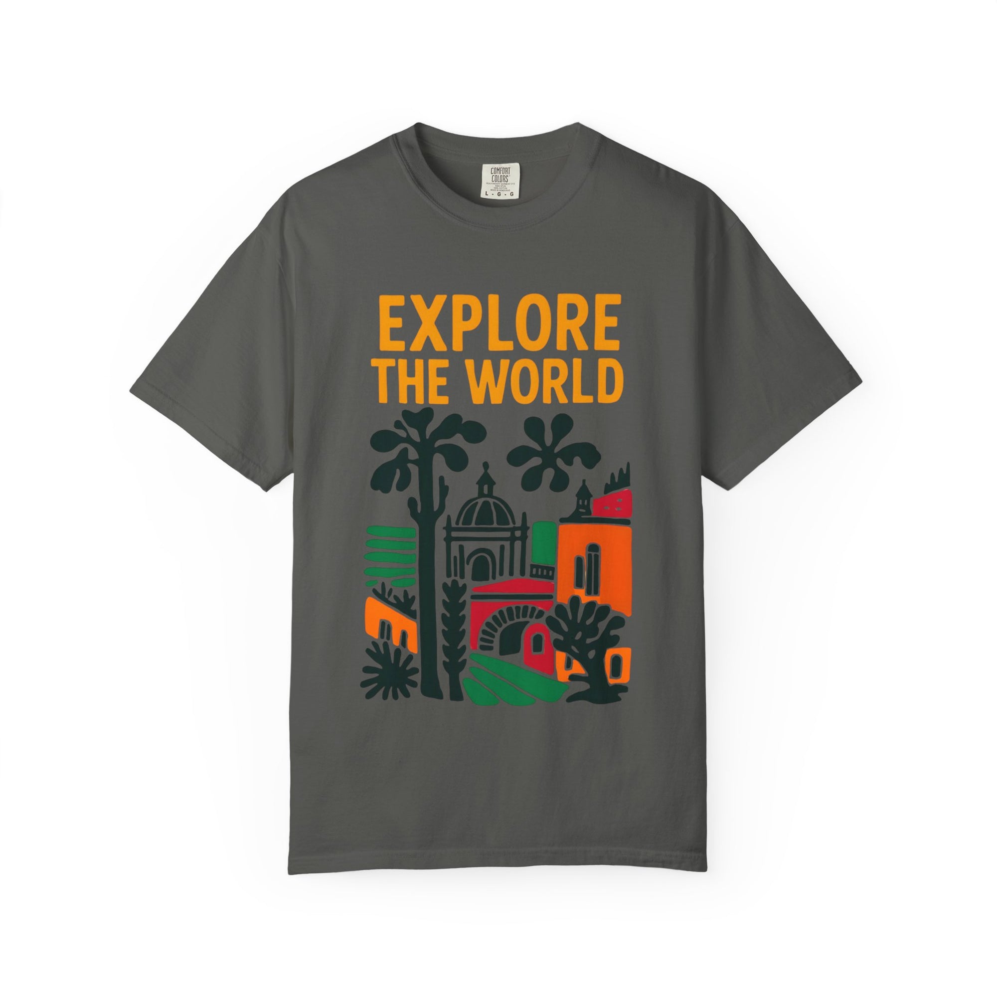 Gray t-shirt with 'Explore The World' text and world landmarks graphic on a white background