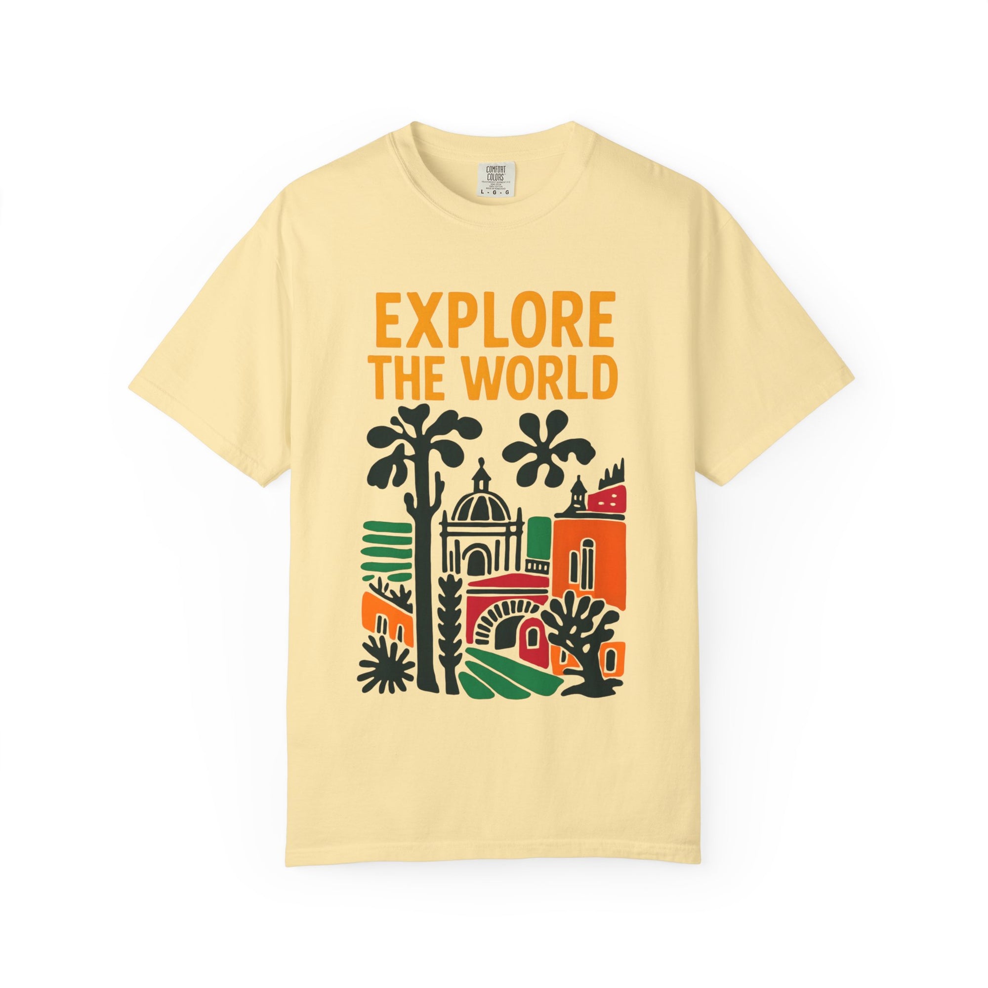 Yellow t-shirt with 'Explore The World' text and world landmarks graphic on a white background