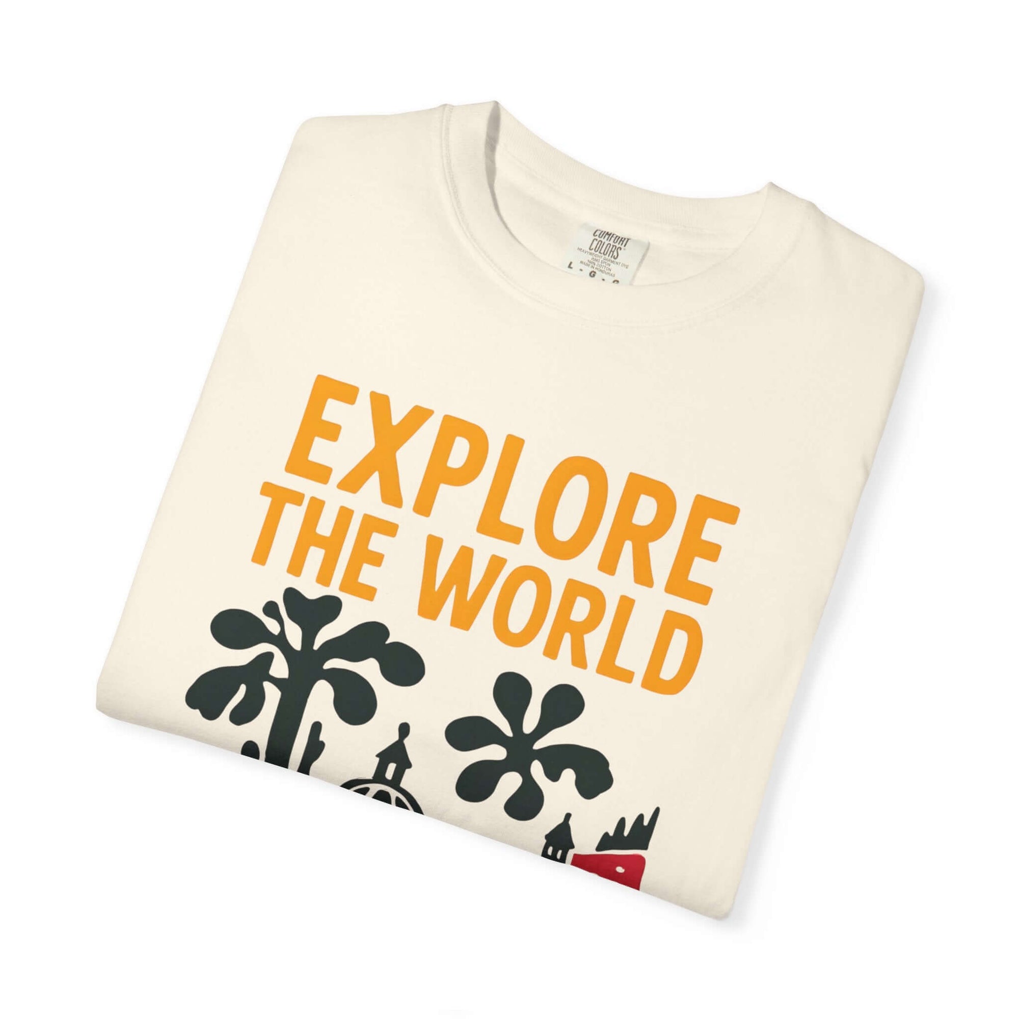 Folded t-shirt with 'EXPLORE THE WORLD' text on a white background