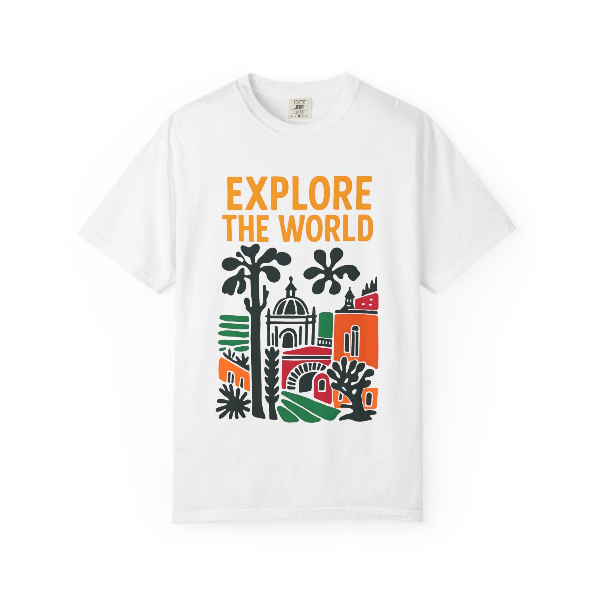White t-shirt with 'Explore the World' text and colorful graphics on a white background